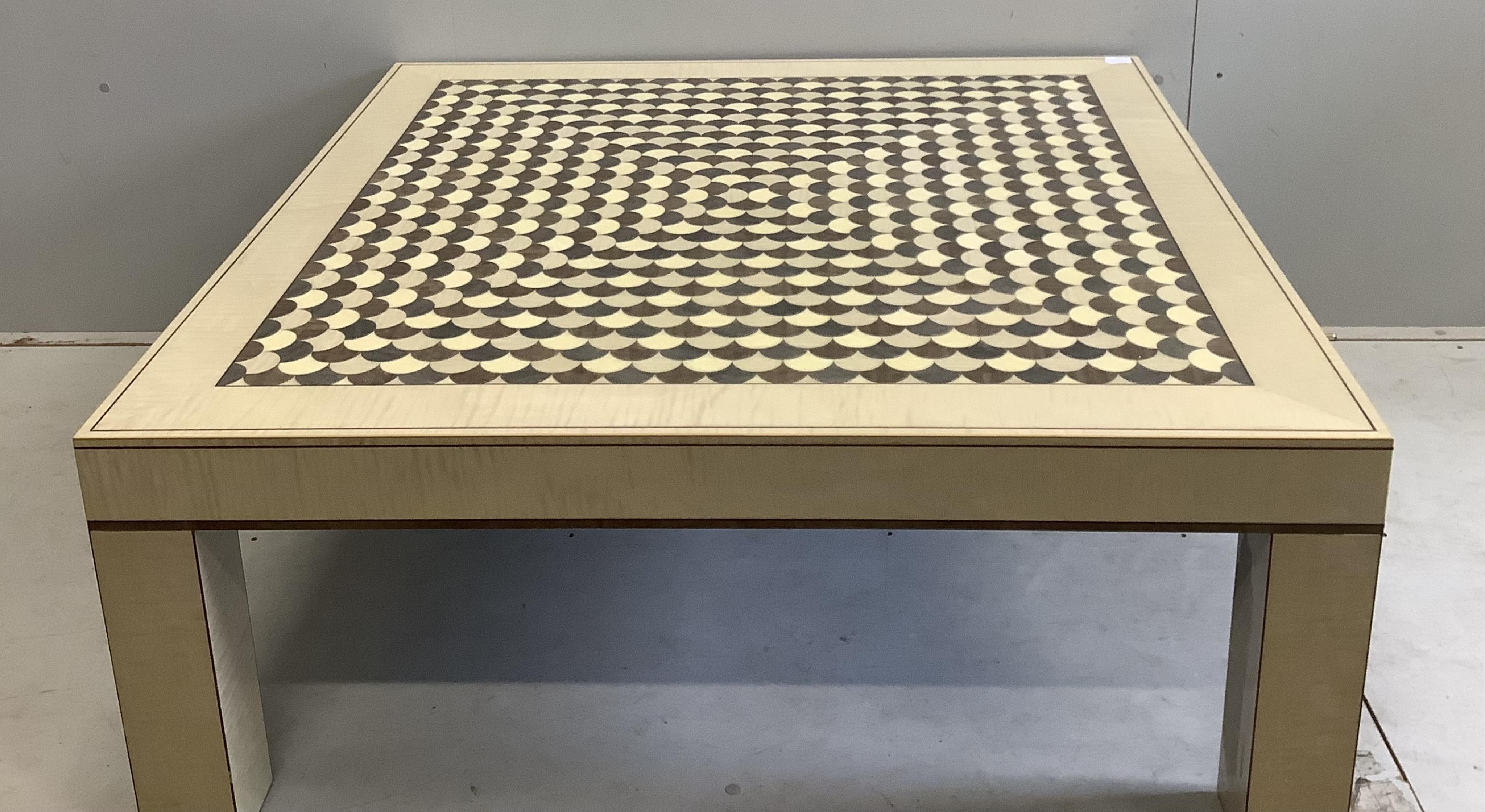 Lignae: A contemporary square sycamore and specimen wood coffee table on square legs